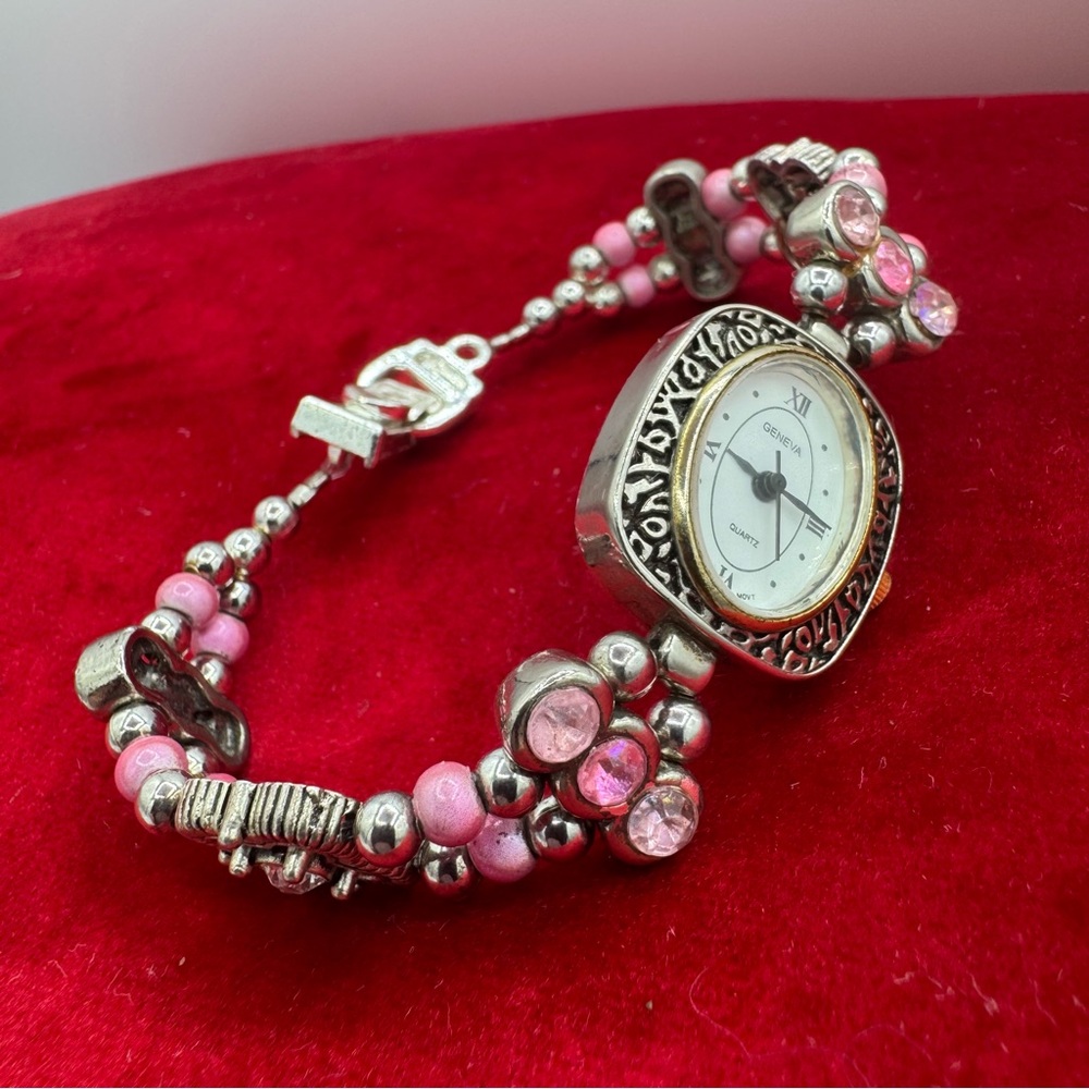 Y2K Geneva Pink Rhinestone‎ Bracelet Quartz Watch Coquette Boho Statement